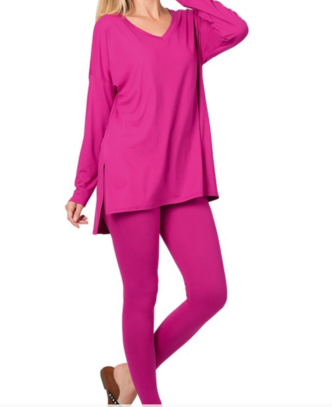 Elle Chill Set Long V-Neck (Pink)