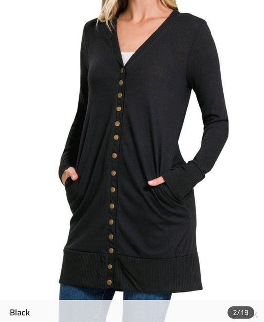 Thigh-Length Snap Long Cardigan (Black)